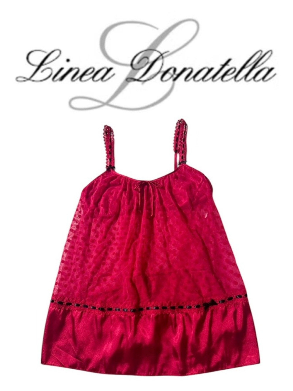 LINEA DONATELLA Entice Me Red Dot Semi Sheer Chemise Lace Bra Cami Women's M